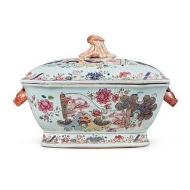View full screen - View 1 of Lot 1763. A Chinese Export 'Pseudo Tobacco Leaf' Chamfered Rectangular Soup Tureen and Cover Qing Dynasty, Qianlong Period, Circa 1780 | 清乾隆 約1780年 粉彩花卉紋湯蓋盆.