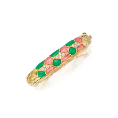 View full screen - View 1 of Lot 6. Gold, Chrysoprase, Rhodochrosite, and Diamond Bangle-Bracelet, France.