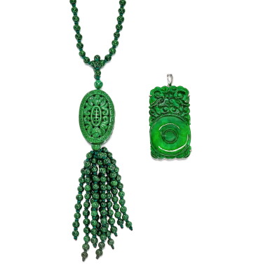 View full screen - View 1 of Lot 2917. Carved Jadeite and Jadeite Bead Necklace; and Jadeite and Diamond Pendant | 天然翡翠雕 配 天然翡珠 項鏈; 及 天然翡翠雕 配 鑽石 掛墜.