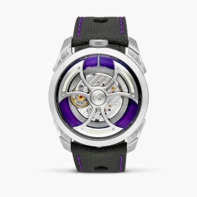View full screen - View 1 of Lot 2318. M.A.D.1S Purple | A stainless steel semi-skeletonised wristwatch with lateral time display and triple-blade winding rotor, Made in collaboration with MB&F, Circa 2024.