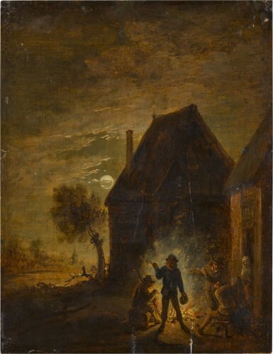 View full screen - View 1 of Lot 326. Moonlit farm with figures around a fire.