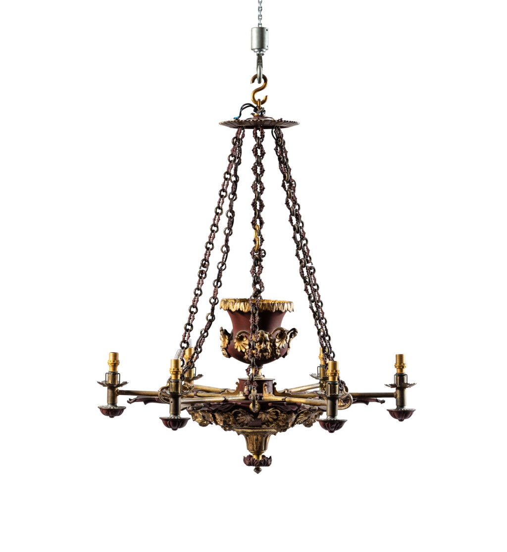 View full screen - View 1 of Lot 51. A red painted and parcel gilt bronze, metal and engraved glass colza-oil six-light chandelier, probably English, mid-19th century.