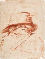 A caricature: The head and shoulders of a man wearing a hat, seen from