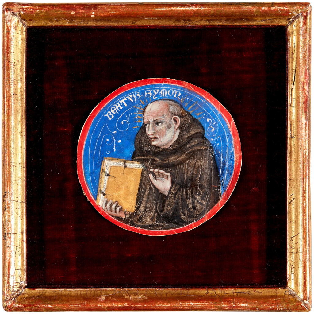 View full screen - View 1 of Lot 20. Illuminated Roundels, C14th | Three roundels from the margins of a Choirbook on vellum illuminated by Niccolò di Giacomo da Bologna, Italy (Bologna), c.1365.