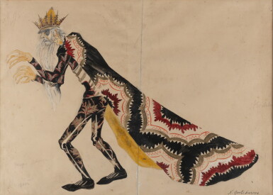 View full screen - View 1 of Lot 55. Costume Design for Koschei the Immortal, from The Fire Bird | Projet de costume pour Koschei l'Immortel, dans L'Oiseau de Feu.