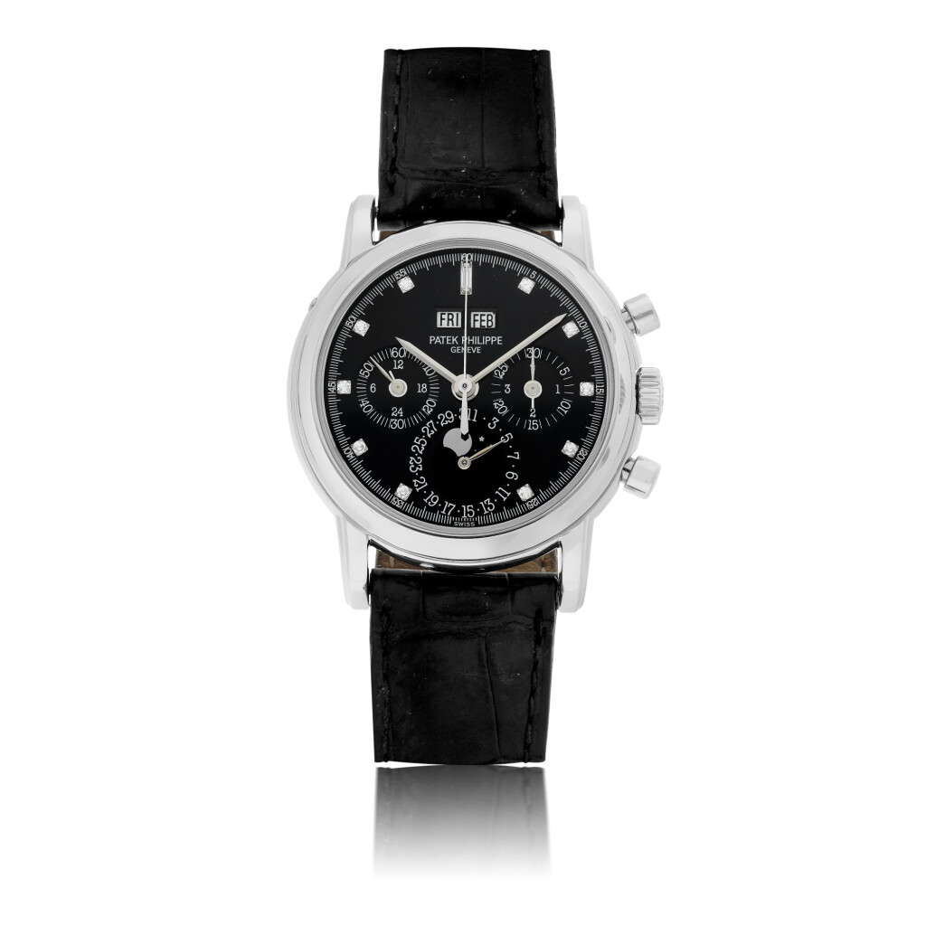 View full screen - View 1 of Lot 4. PATEK PHILIPPE | REF 3970EP, A PLATINUM AND DIAMOND SET PERPETUAL CALENDAR CHRONOGRAPH WRISTWATCH WITH MOON PHASES AND LEAP YEAR INDICATION CIRCA 1995.