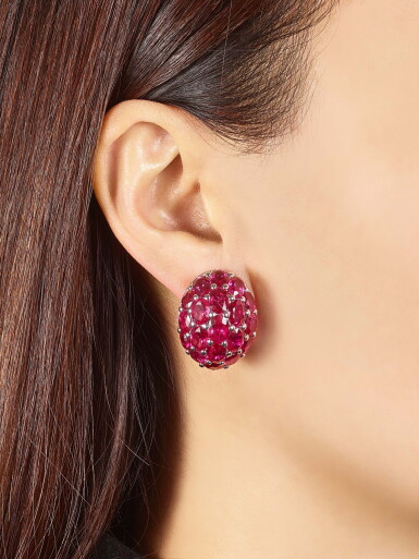 View full screen - View 1 of Lot 1029. Pair of Ruby and Diamond Earrings | 格拉夫| 紅寶石 配 鑽石 耳環一對 (紅寶石及鑽石共重約33.50及1.80克拉).