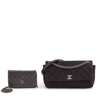 View full screen - View 1 of Lot 162. Set of Two: Black Matte Quilted Caviar Leather Medium Lady Pearly Flap Bag Silver Hardware, 2012 and Black Pressed Glitter Quilted Caviar Leather Wallet On Chain, 2014.