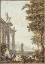 A garden next to a classical building and a view of a Mediterranean port | Jardin près d'un monument classique, avec une vue sur un port méditérranéen