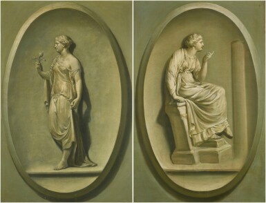 View full screen - View 1 of Lot 517. A pair of neo classical grisailles, depicting the Farnese Flora and a seated figure perhaps representing Calliope.