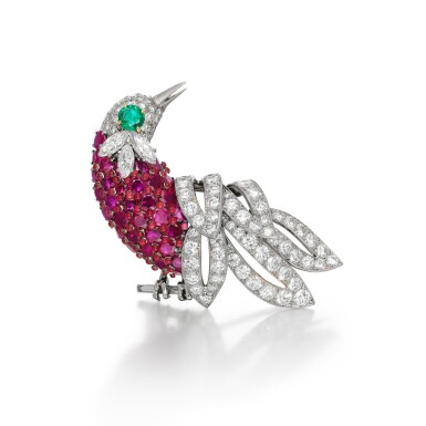 View full screen - View 1 of Lot 1892. Ruby, Diamond, Emerald and Enamel Brooch | 卡地亞 | 紅寶石 及 鑽石 配 祖母綠 及 琺瑯彩 胸針 .