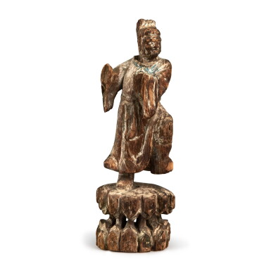 View full screen - View 1 of Lot 97. An unusual polychrome-painted wood figure of an entertainer, Song - Yuan dynasty.