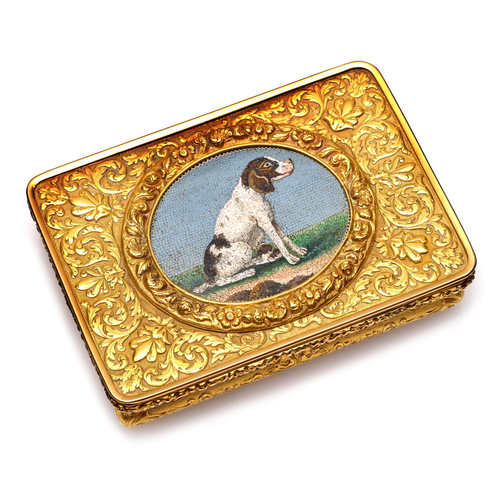 View full screen - View 1 of Lot 1180. A gold and micromosaic snuff box, Alexandre-Raoul Morel, Paris, 1838-1847.