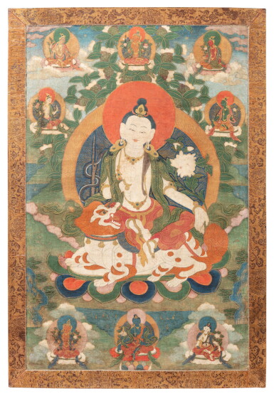 View full screen - View 1 of Lot 130. A thangka depicting Manjushri Tibet, 18th century | 西藏 十八世紀 文殊菩薩唐卡 設色布本.