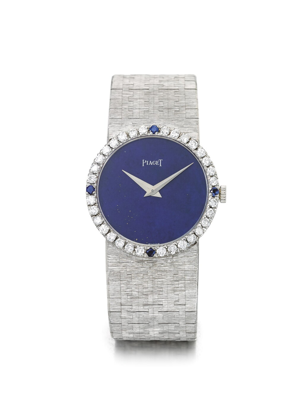 View full screen - View 1 of Lot 128. PIAGET | REF 9706 A6, A WHITE GOLD DIAMOND AND SAPPHIRE-SET BRACELET WATCH WITH LAPIS LAZULI DIAL CIRCA 1960.