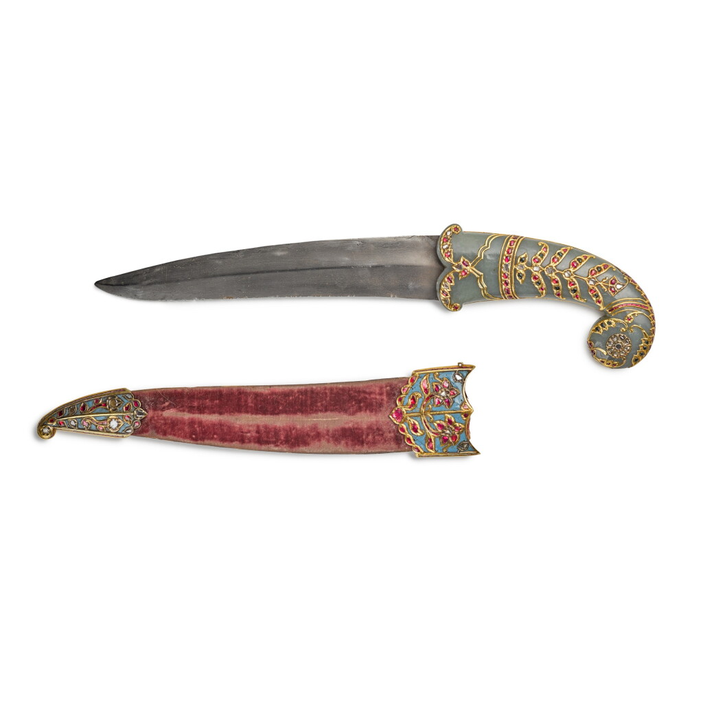 View full screen - View 1 of Lot 218. A Mughal gem-set jade-hilted dagger and scabbard, India, 17th century.