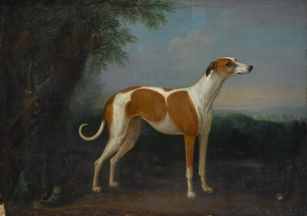 View full screen - View 1 of Lot 163. JOHN WOOTTON | A greyhound in a landscape, with a view of Windsor Castle beyond.