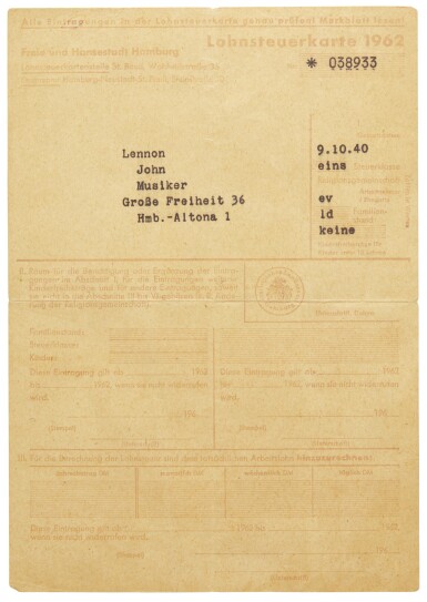 View full screen - View 1 of Lot 171. The Beatles, German tax cards for John Lennon and Paul McCartney, 1962.