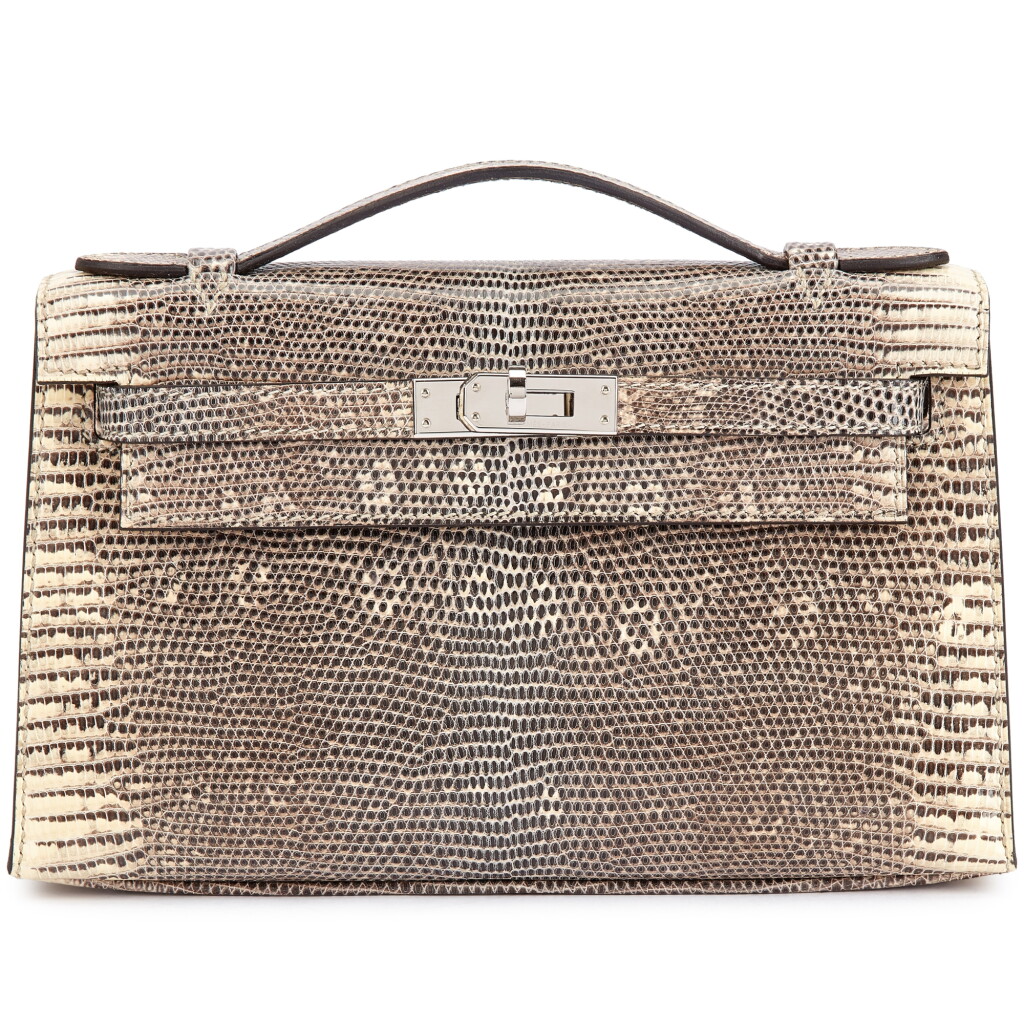 View full screen - View 1 of Lot 3011. Ombre Shiny Salvator Lizard Kelly Pochette Palladium Hardware, 2019.