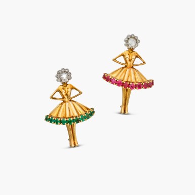 View full screen - View 1 of Lot 117. Two Colored Stone and Diamond 'Ballerina' Brooches, France 梵克雅寶 | 寶石 配 鑽石 'Ballerina' 胸針兩枚.