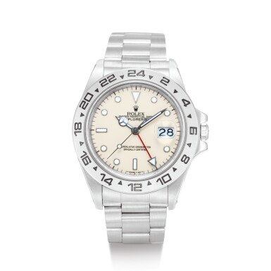 View full screen - View 1 of Lot 2086. ROLEX | EXPLORER II, REFERENCE 16550 A STAINLESS STEEL WRISTWATCH WITH 24 HOURS INDICATION, DATE, CREAM DIAL AND BRACELET, CIRCA 1985" | 勞力士 | Explorer II 型號16550 精鋼鏈帶腕錶,備日期顯示及奶白色錶盤,錶殼編號8399162,約1984年製".