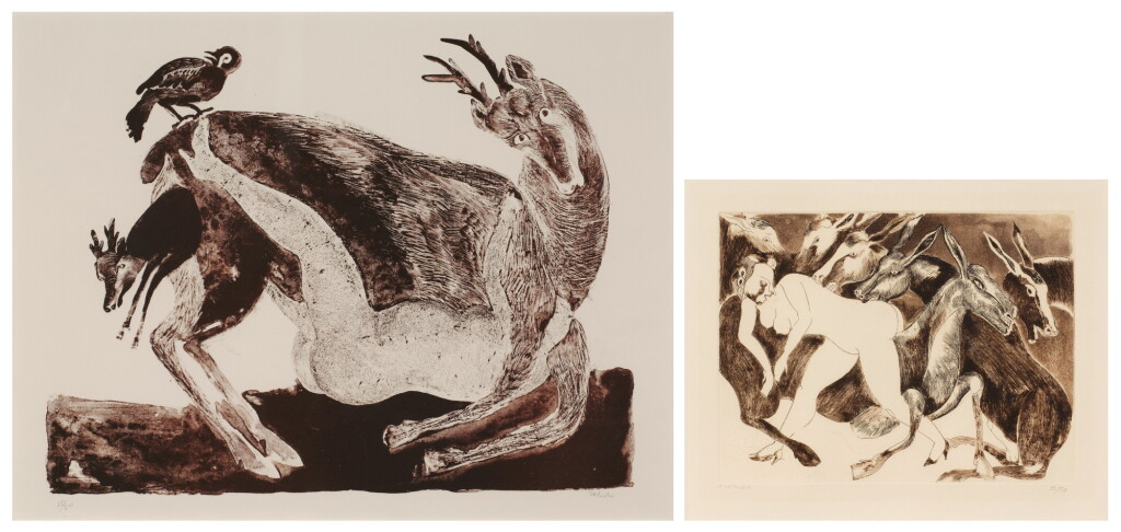 View full screen - View 1 of Lot 2256. Deer Birthing (i) & Donkey with Nude Woman (ii): Two Works.
