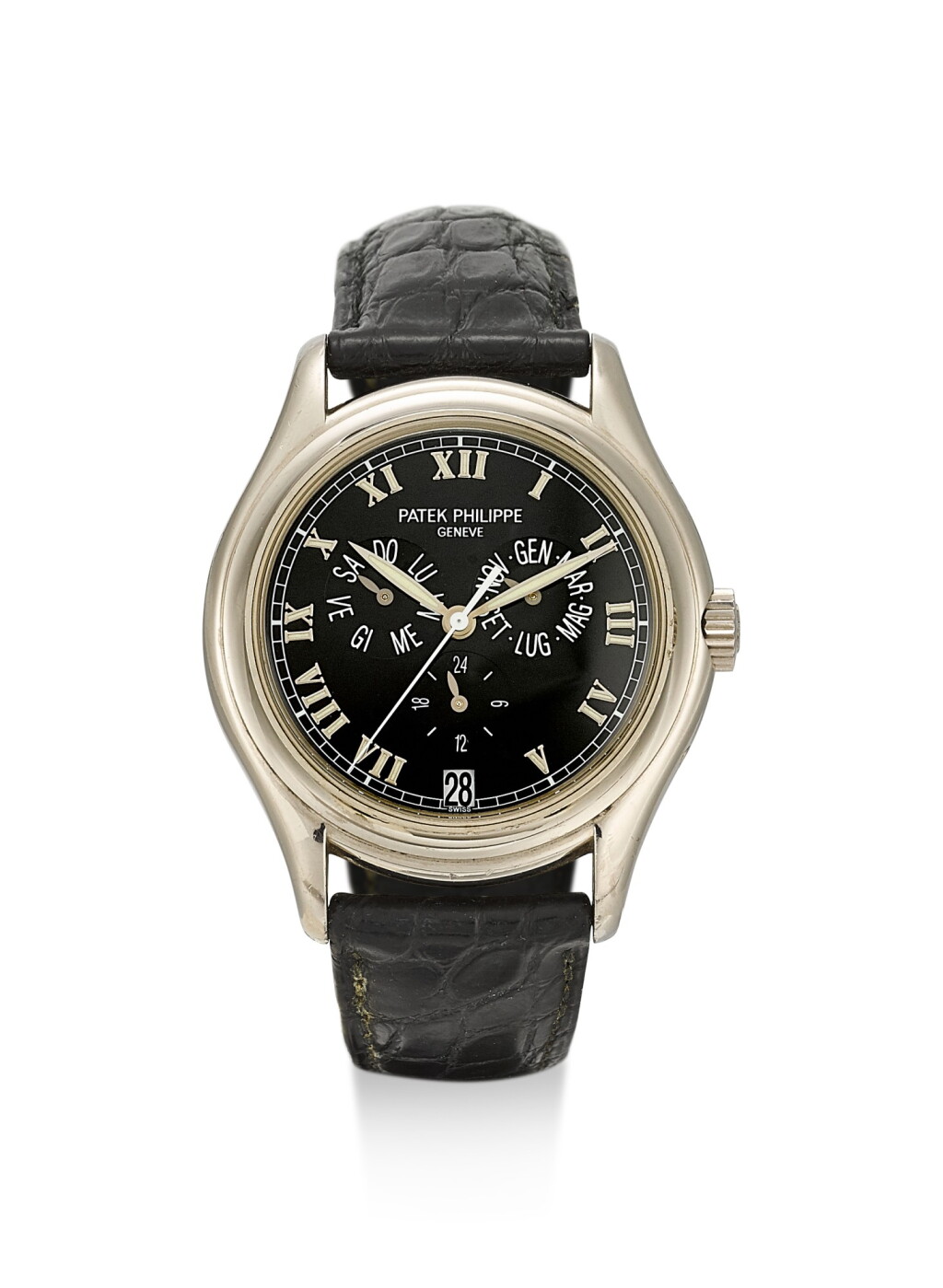 View full screen - View 1 of Lot 28. PATEK PHILIPPE | REFERENCE 5035, A WHITE GOLD ANNUAL CALENDAR WRISTWATCH WITH 24 HOURS INDICATION, CIRCA 2000.