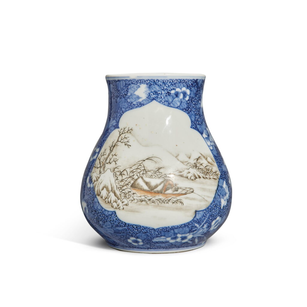 View full screen - View 1 of Lot 44. A grisaille-decorated blue and white 'landscape' vase, Republic period | 民國 青花墨彩開光詩文寒江獨釣圖瓶.