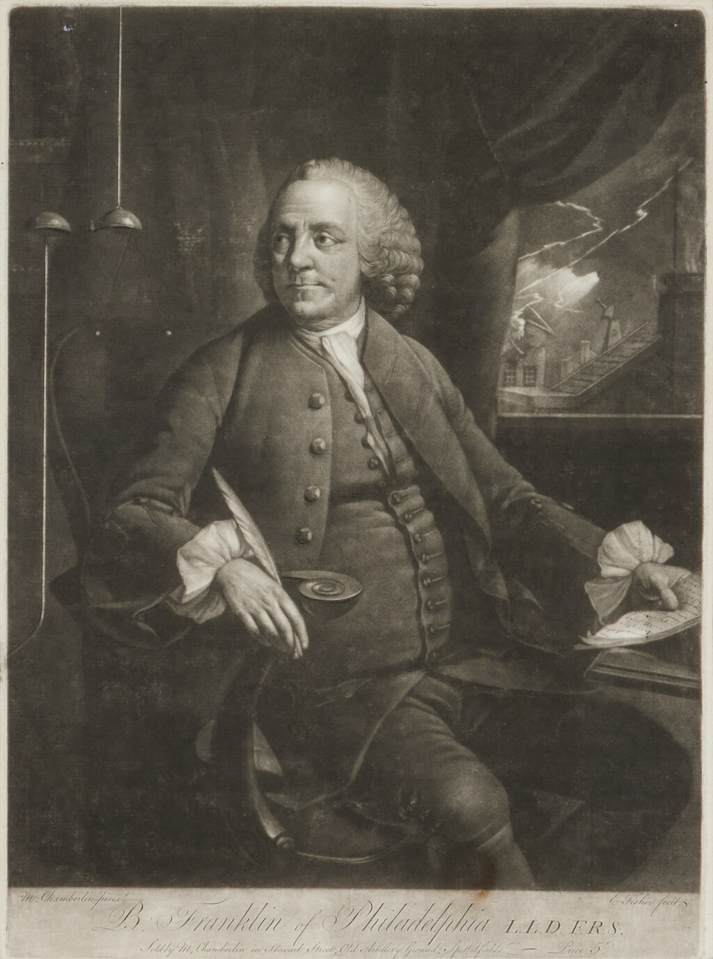 View full screen - View 1 of Lot 90. Edward Fisher — Mason Chamberlin, after | Mezzotint of Franklin's favorite portrait.