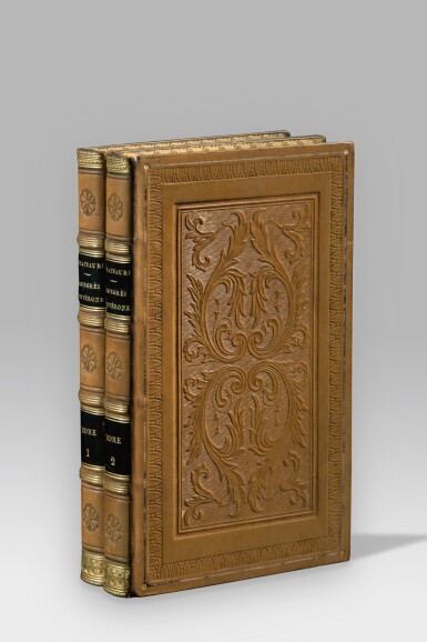 View full screen - View 1 of Lot 24. CHATEAUBRIAND. Congrès de Vérone... Paris et Leipzig, 1838. 2 vol. in-8. Veau fauve, plats ornés à froid..