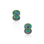 A Pair of Sapphire and Emerald Earclips