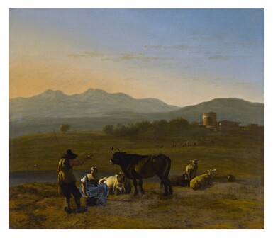 View full screen - View 1 of Lot 9. KAREL DUJARDIN | AN EXTENSIVE LANDSCAPE IN THE ROMAN CAMPAGNA WITH CATTLE AND SHEPHERDS.