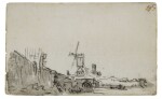 Landscape with a windmill above an arched bridge, on the left a quay wall