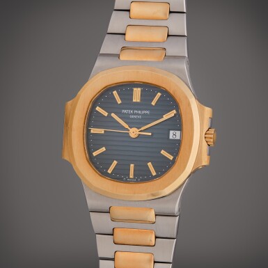 View full screen - View 1 of Lot 369. Reference 3800/1JA Nautilus | A stainless steel and yellow gold automatic wristwatch with date and bracelet, Circa 1996.