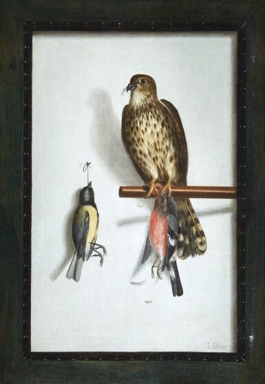 View full screen - View 1 of Lot 267. CORNELIS BILTIUS | TROMPE L’ŒIL WITH A FALCON AND ITS PREY.