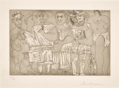 View full screen - View of Baigneuse et putto flûtiste, avec des hommes en tenue de plage, from Séries 347 (B. 1710; Ba. 1726).