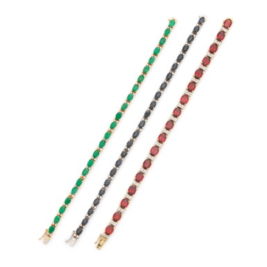 View full screen - View 1 of Lot 156. Three gem set and diamond bracelets.