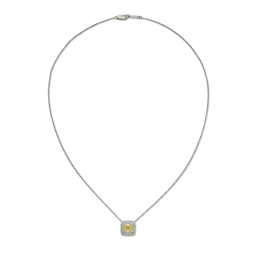 View full screen - View 1 of Lot 17. Fancy Intense Yellow Diamond and Diamond Pendant-Necklace.