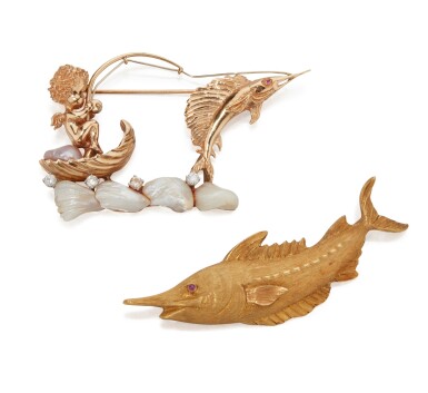 View full screen - View 1 of Lot 79. TWO GOLD AND GEM-SET BROOCHES.