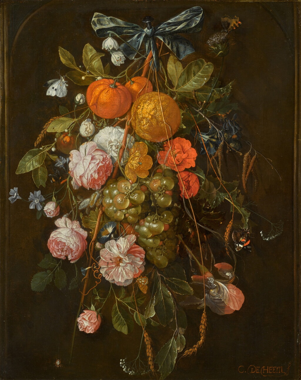 View full screen - View 1 of Lot 40. A festoon of roses, carnations, morning glory, an orange, grapes, and other fruits and flowers, suspended by a blue ribbon hanging from a nail within a stone niche.