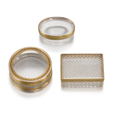 View full screen - View 1 of Lot 81. A group of three gold-mounted rock-crystal or glass snuff boxes, Paris, late 18th century and later.