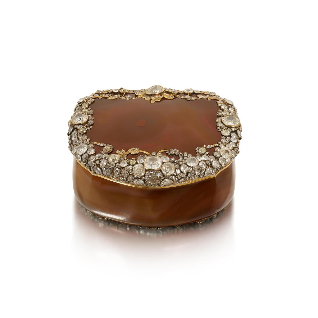 View full screen - View 1 of Lot 272. A Richly-Jeweled Gold and Hardstone Table Snuff Box in the Manner of Frederick The Great Boxes, Early 20th Century .