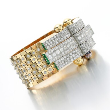 View full screen - View 1 of Lot 147. EMERALD AND DIAMOND BRACELET.