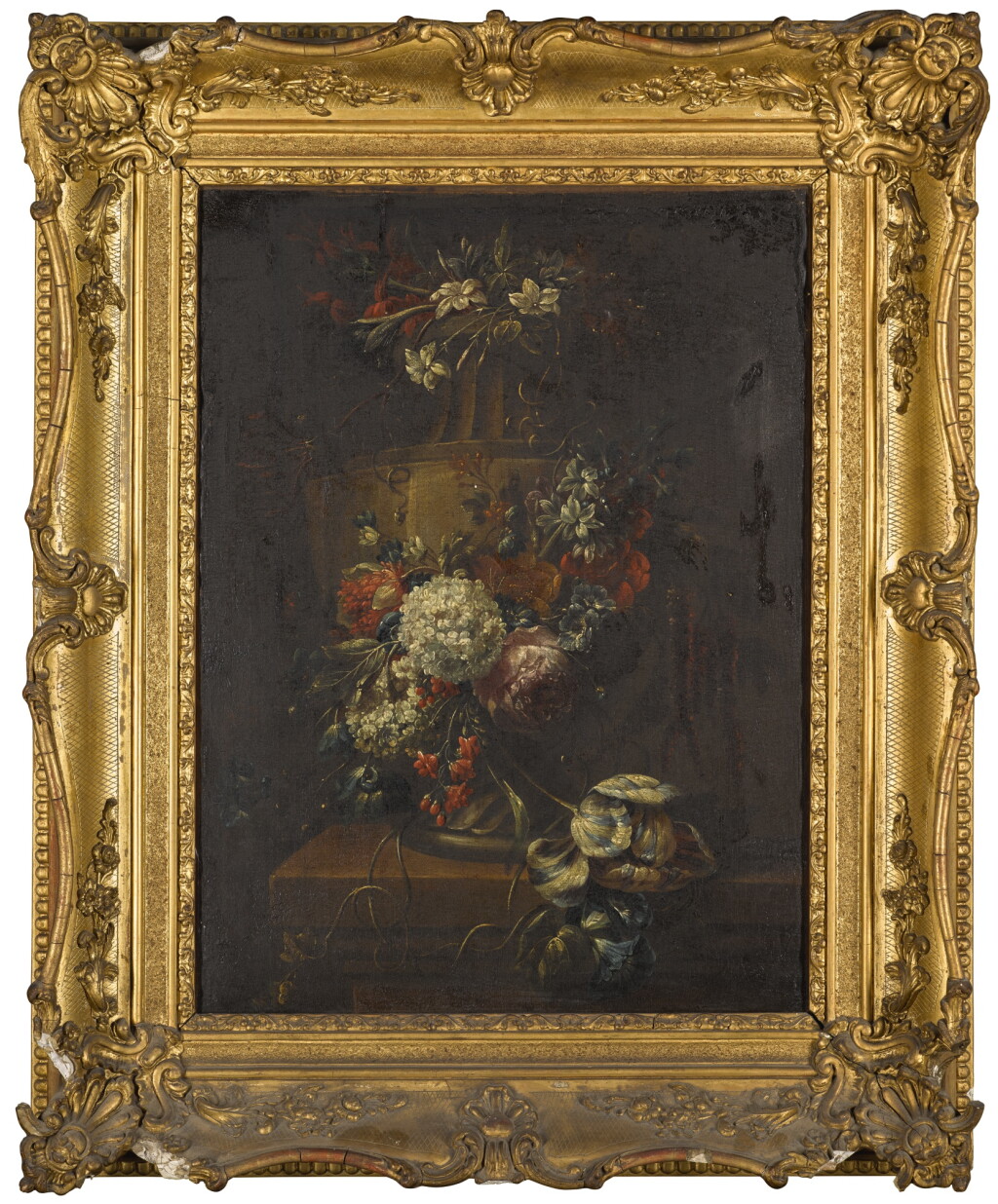 View full screen - View 1 of Lot 42. FOLLOWER OF GASPAR PIETER VERBRUGGEN | Still life of a garland of flowers around a sculpted urn.