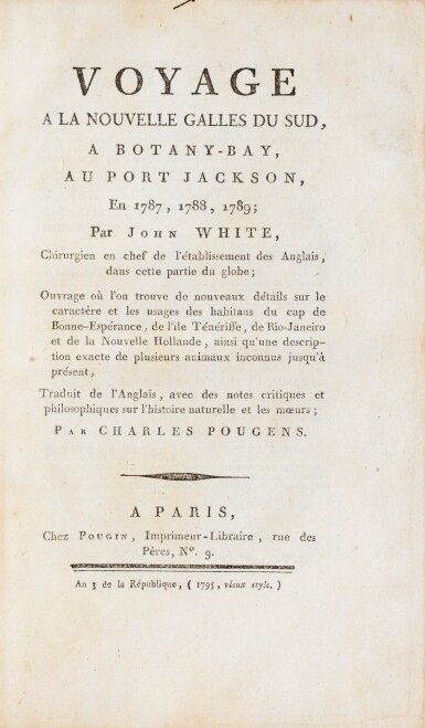 View full screen - View 1 of Lot 27. WHITE, J. Voyage à la Nouvelle Galles du sud. Paris, 1795. Traduction de Pougens. In-8 veau fauve de l'époque..