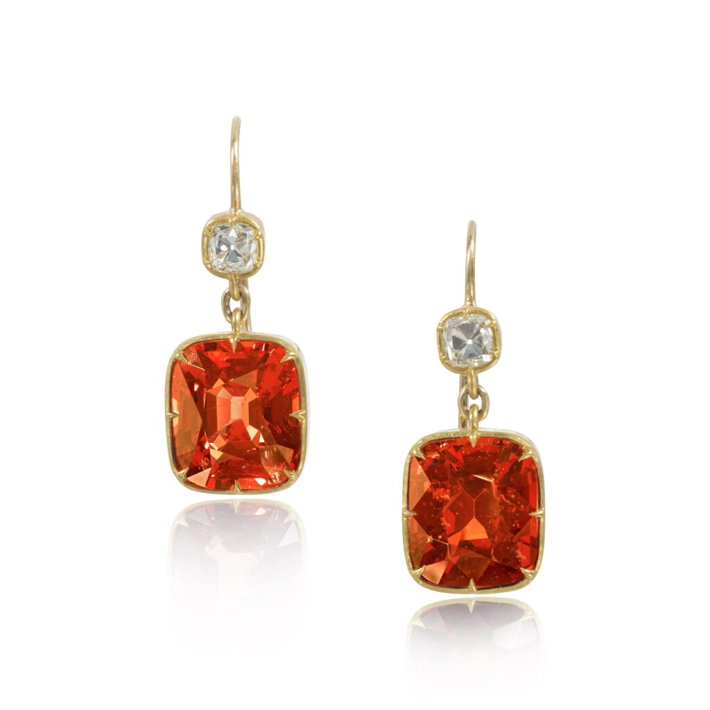 View full screen - View 1 of Lot 762. Pair of spinel and diamond pendent earrings.