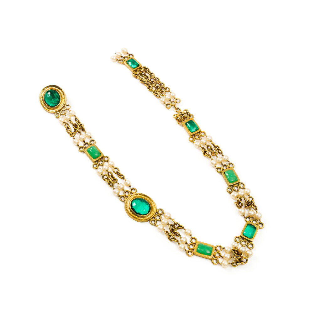 View full screen - View 1 of Lot 409. Vintage Belt with Green Cabochons in Gold Metal with Faux Pearls by Gripoix, Spring 1994.