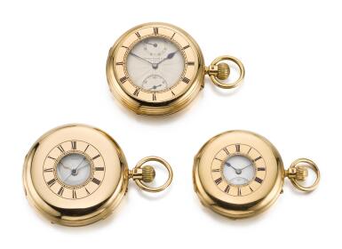 View full screen - View 1 of Lot 1073. ENGLISH | GROUP OF THREE YELLOW GOLD, HALF-HUNTER CASED WATCHES, CIRCA 1882, CIRCA 1888, CIRCA 1885.