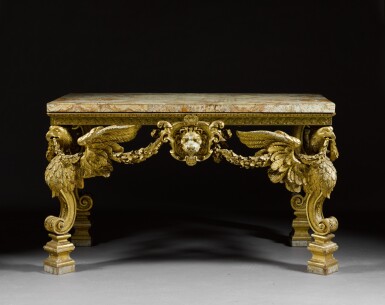 View full screen - View 1 of Lot 4. A George II carved giltwood side table, probably to a design by William Kent and executed by James Richards, circa 1730.