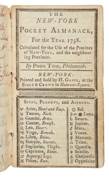 View full screen - View 1 of Lot 59. The New-York Pocket Almanack | A very uncommon French-and-Indian-War-era almanac printed by Hugh Gaine.